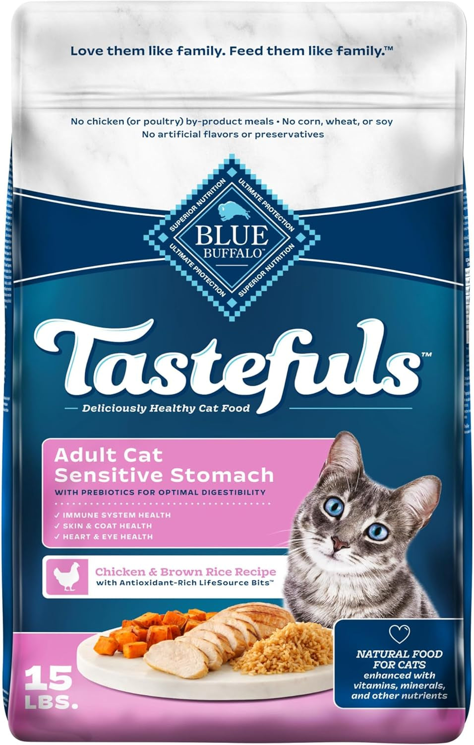 Tastefuls Natural Dry Food for Adult Cats, Sensitive Stomach, Chicken & Brown Rice Recipe, 15-Lb Bag