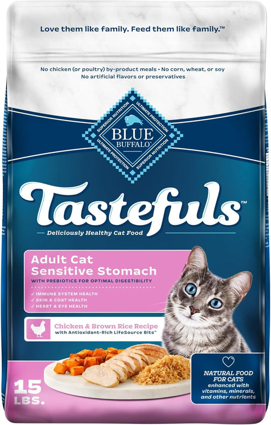 Tastefuls Natural Dry Food for Adult Cats, Sensitive Stomach, Chicken & Brown Rice Recipe, 15-Lb Bag